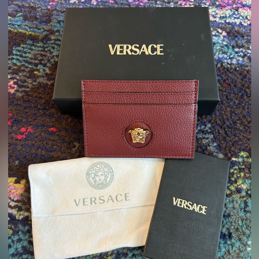 Versace Deep Rust Leather with Gold Medusa Card Holder NEW